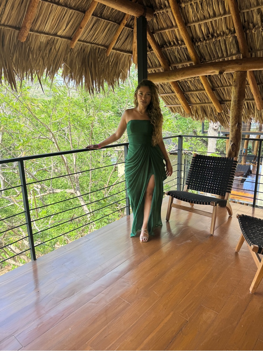 Strapless Ruched Green Maxi Dress with Side Slit